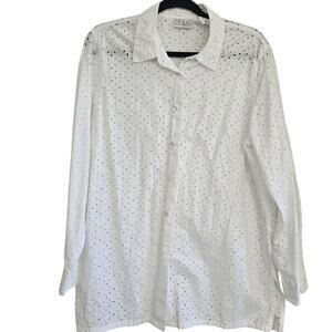 Y2K CLC White Cotton Eyelet Lace Shirt Button-Up Academia Resort Office Top Sz L